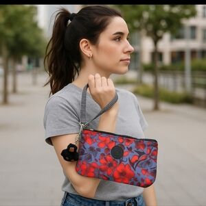 Kipling Daniel Monkey Wristlet Pouch Floral Print Red Blue Black Logo Bag